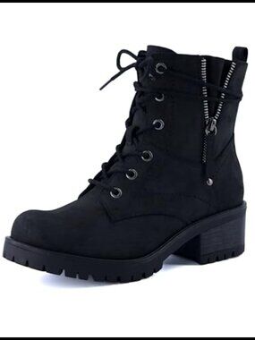 Dunes Kobe Women's Heeled Combat Boots Lace-Up Side Zipper Faux Leather Ankle